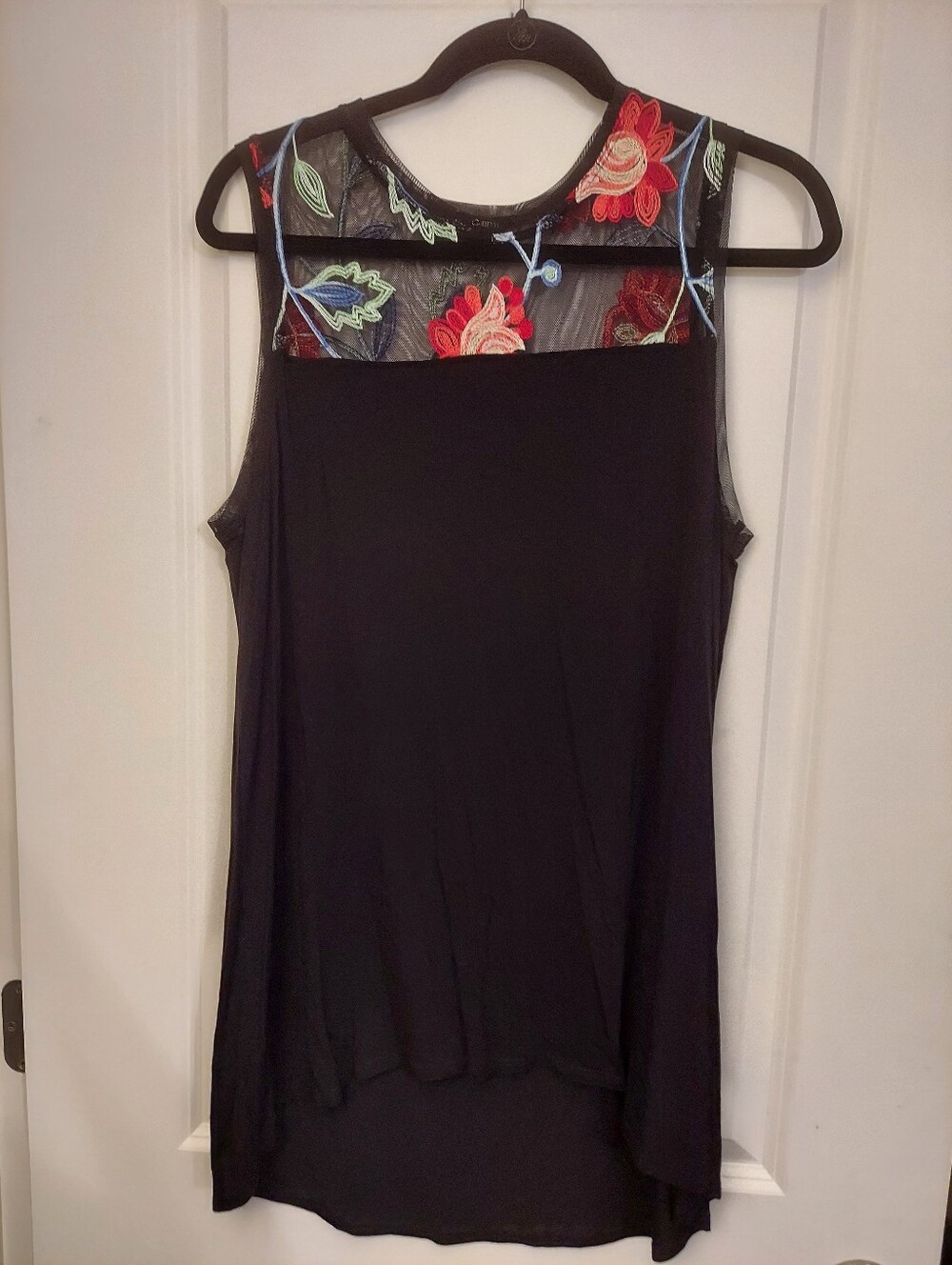 Kim & Cami Black Tank Top with Red Floral Mesh Yoke - XL